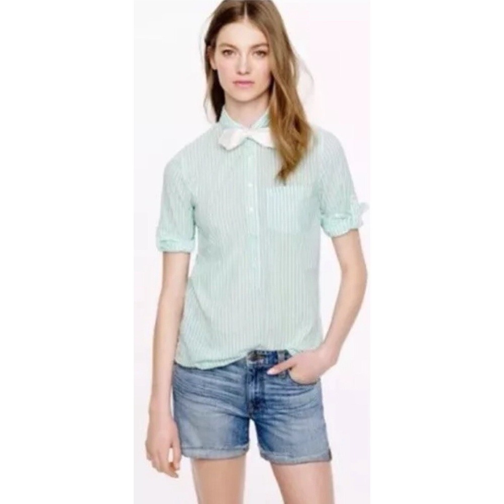 J.Crew Popover Henley Shirt Striped Camp Green Stripe Beachy Roll Tab Sleeve 8 M